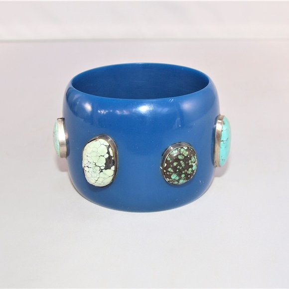 X-Wide Vintage Blue Acrylic Bangle with Genuine Turquoise Stones - Picture 4 of 4